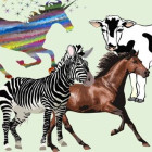 Einhorn, Pferd, Kuh, Zebra auf grünem Hintergrund.