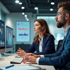 Halbnahaufnahme eines modernen Büros mit Geschäftsleuten, die Daten auf Computermonitoren analysieren.