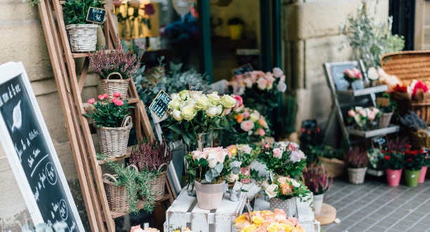 Viele Blumen stehen vor einem Blumengeschäft