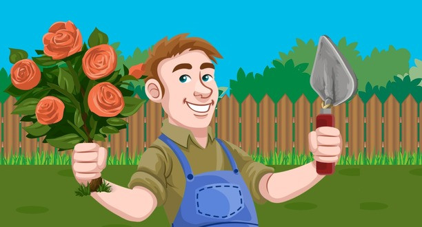 Cartoon-Figur als Gärtner hält in der rechten Hand Rosen und in der linken Hand eine Spachtel.