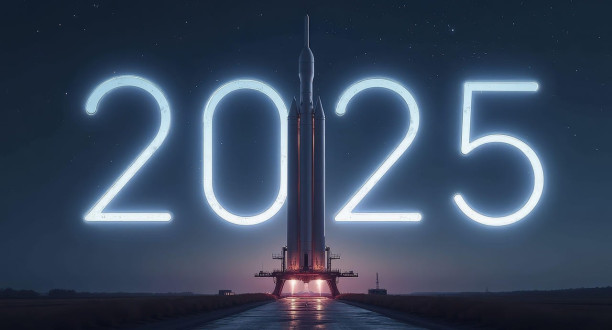 Schriftzug 2025 auf Nachthimmel mit Rakete, die bereit für den Start ist