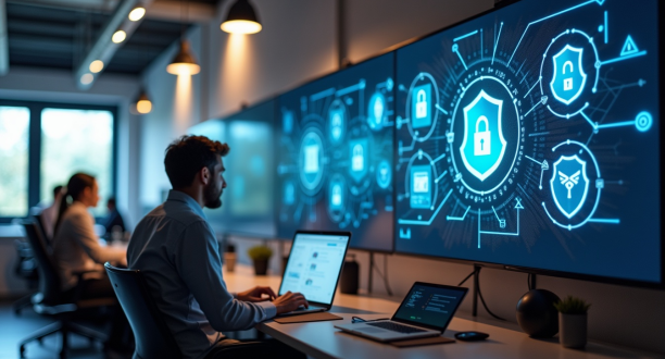Cybersecurity-Mitarbeiter vor Bildschirm