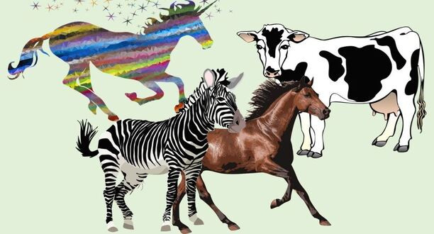 Einhorn, Pferd, Kuh, Zebra auf grünem Hintergrund.