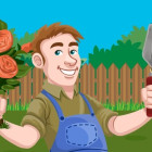 Cartoon-Figur als Gärtner hält in der rechten Hand Rosen und in der linken Hand eine Spachtel.