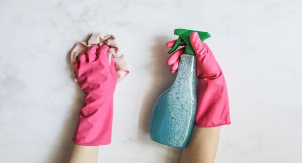 Zwei Hände mit pinken Handschuhen. Die linke hält einen Putzlappen, die rechte Reinigungsmittel.