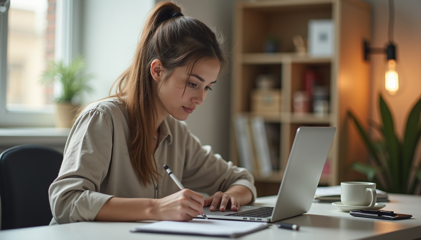 Braunhaarige Frau sitzt am Schreibtisch mit Laptop und Notizbuch