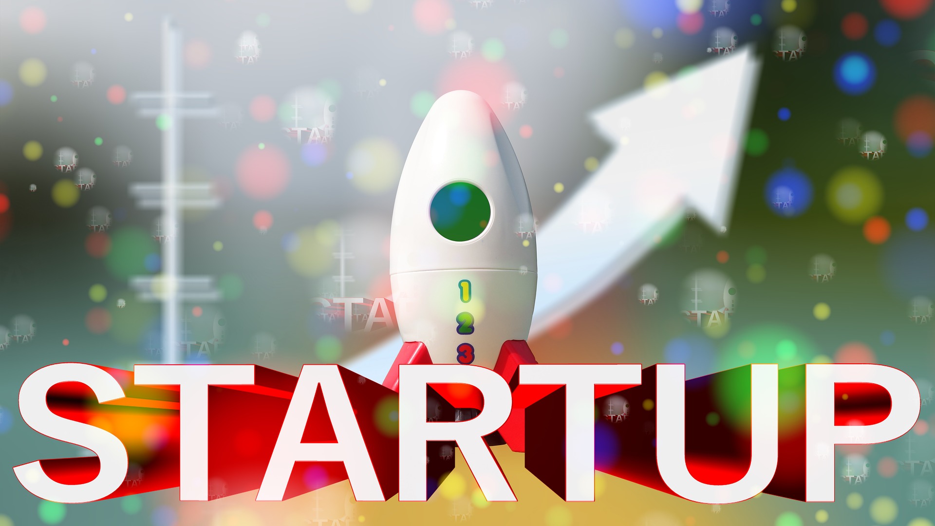 Start-up-Schrift mit Rakete im Hintergrund