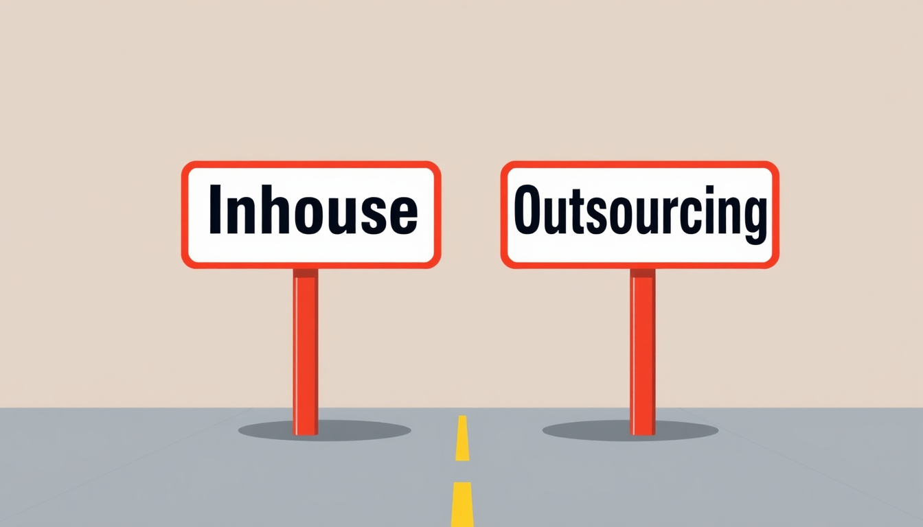 Zwei Schilder mit Aufschrift Inhouse und Outsourcing