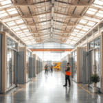 Illustration einer modernen Industriehalle mit modularen Raumsystemen