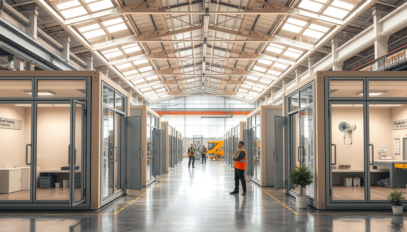 Illustration einer modernen Industriehalle mit modularen Raumsystemen