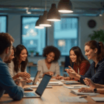 Eine vielfältige Gruppe diskutiert Strategien in einem modernen Büro.