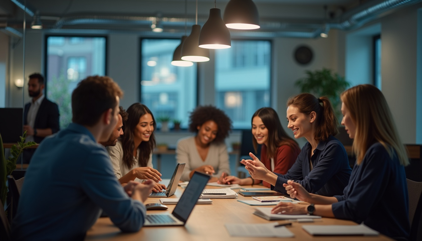 Eine vielfältige Gruppe diskutiert Strategien in einem modernen Büro.