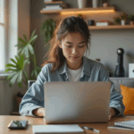 Das Foto zeigt eine asiatisch aussehende Frau am Laptop in einem modernen, hellen Homeoffice.