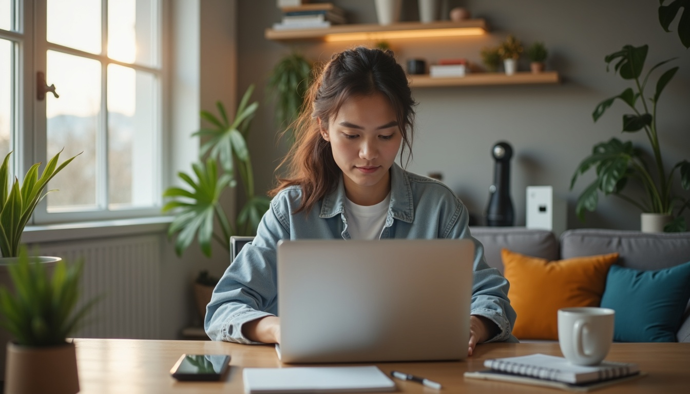 Das Foto zeigt eine asiatisch aussehende Frau am Laptop in einem modernen, hellen Homeoffice.