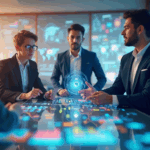 Unternehmer analysieren bunte Diagramme, tragen elegante Businesskleidung, wirken engagiert und zukunftsorientiert.