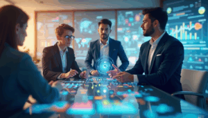 Unternehmer analysieren bunte Diagramme, tragen elegante Businesskleidung, wirken engagiert und zukunftsorientiert.
