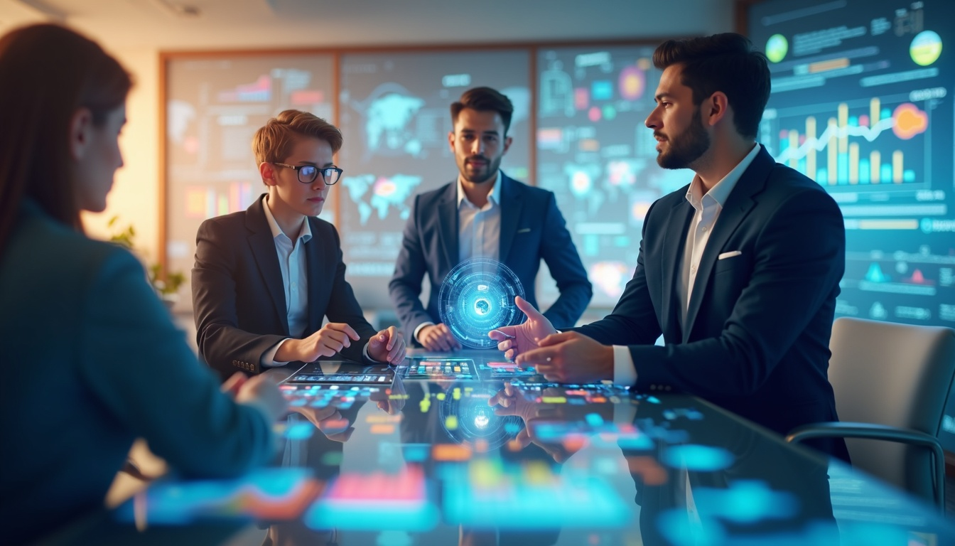 Unternehmer analysieren bunte Diagramme, tragen elegante Businesskleidung, wirken engagiert und zukunftsorientiert.