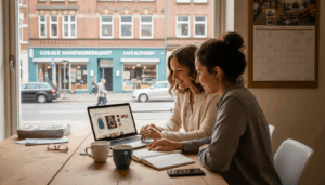 Fotoaufnahme von zwei Gründerinnen, die gemeinsam am Laptop arbeiten.
