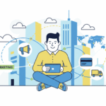 Ein Unternehmer tippt auf einem Tablet, Symbole erscheinen um ihn herum, dynamische Linien zeigen Vernetzung.