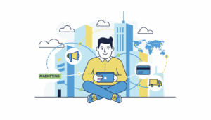 Ein Unternehmer tippt auf einem Tablet, Symbole erscheinen um ihn herum, dynamische Linien zeigen Vernetzung.