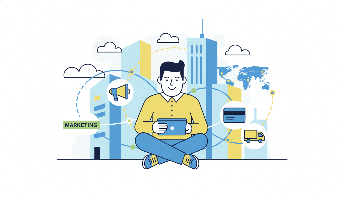 Ein Unternehmer tippt auf einem Tablet, Symbole erscheinen um ihn herum, dynamische Linien zeigen Vernetzung.