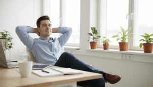 Mann entspannt sich im Büro.
