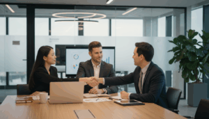 Geschäftsleute sind professionell gekleidet, diskutieren angeregt am Konferenztisch, mit Laptop und Notizblock.
