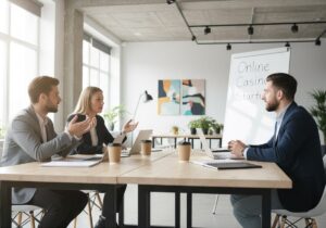 Gründer mit Online-Casino-Plakat im Hintergrund