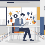 Ein Gründer tippt auf einem Tablet, umgeben von schwebenden Symbolen, trägt modernes Business-Outfit.