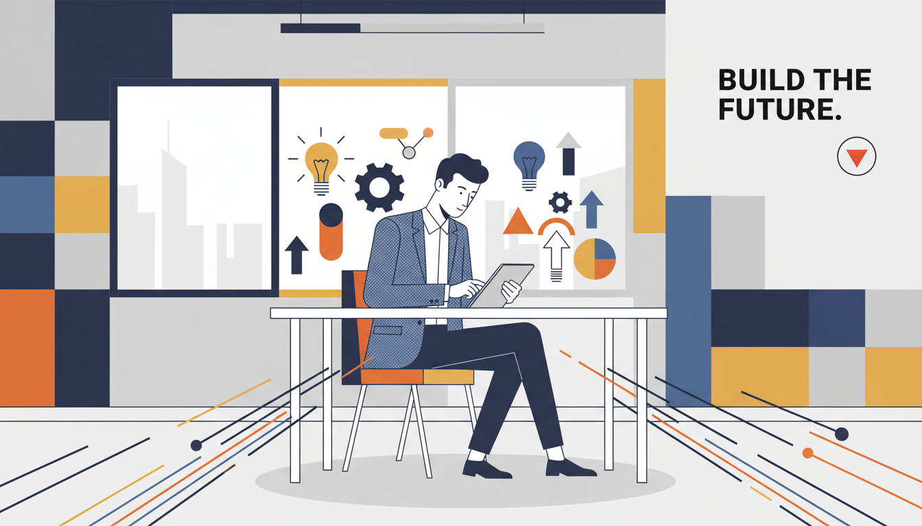 Ein Gründer tippt auf einem Tablet, umgeben von schwebenden Symbolen, trägt modernes Business-Outfit.