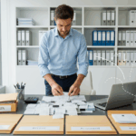 Eine Geschäftsperson sortiert konzentriert Rechnungen, trägt Hemd, wirkt organisiert und fokussiert.