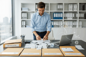 Eine Geschäftsperson sortiert konzentriert Rechnungen, trägt Hemd, wirkt organisiert und fokussiert.