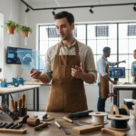Realistisches Foto eines jungen Handwerksgründers in moderner Werkstatt.