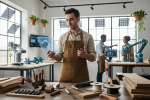 Realistisches Foto eines jungen Handwerksgründers in moderner Werkstatt.