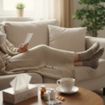 Eine Frau liegt auf einem Sofa, eingehüllt in eine Decke, trinkt Tee und liest einen Beipackzettel.