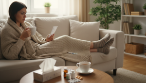 Eine Frau liegt auf einem Sofa, eingehüllt in eine Decke, trinkt Tee und liest einen Beipackzettel.