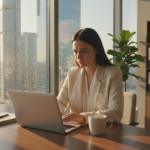 Die junge Frau, Gründerin, sitzt an einem Schreibtisch, arbeitet konzentriert am Laptop, trägt Business-Kleidung.