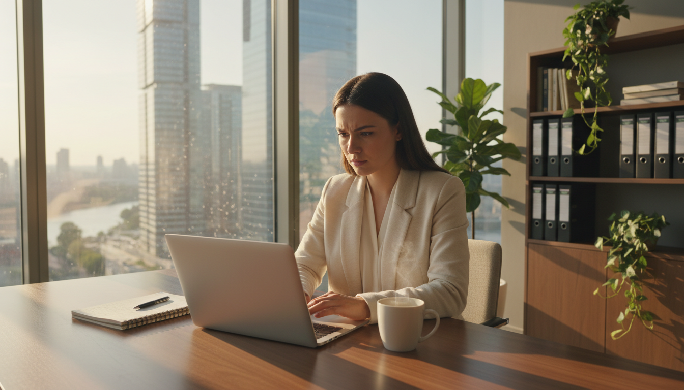 Die junge Frau, Gründerin, sitzt an einem Schreibtisch, arbeitet konzentriert am Laptop, trägt Business-Kleidung.