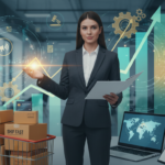 Frau, Gründerin, steht vor Laptop. Zu sehen sind: Einkaufswagen mit Paketen und Kreditkarte.