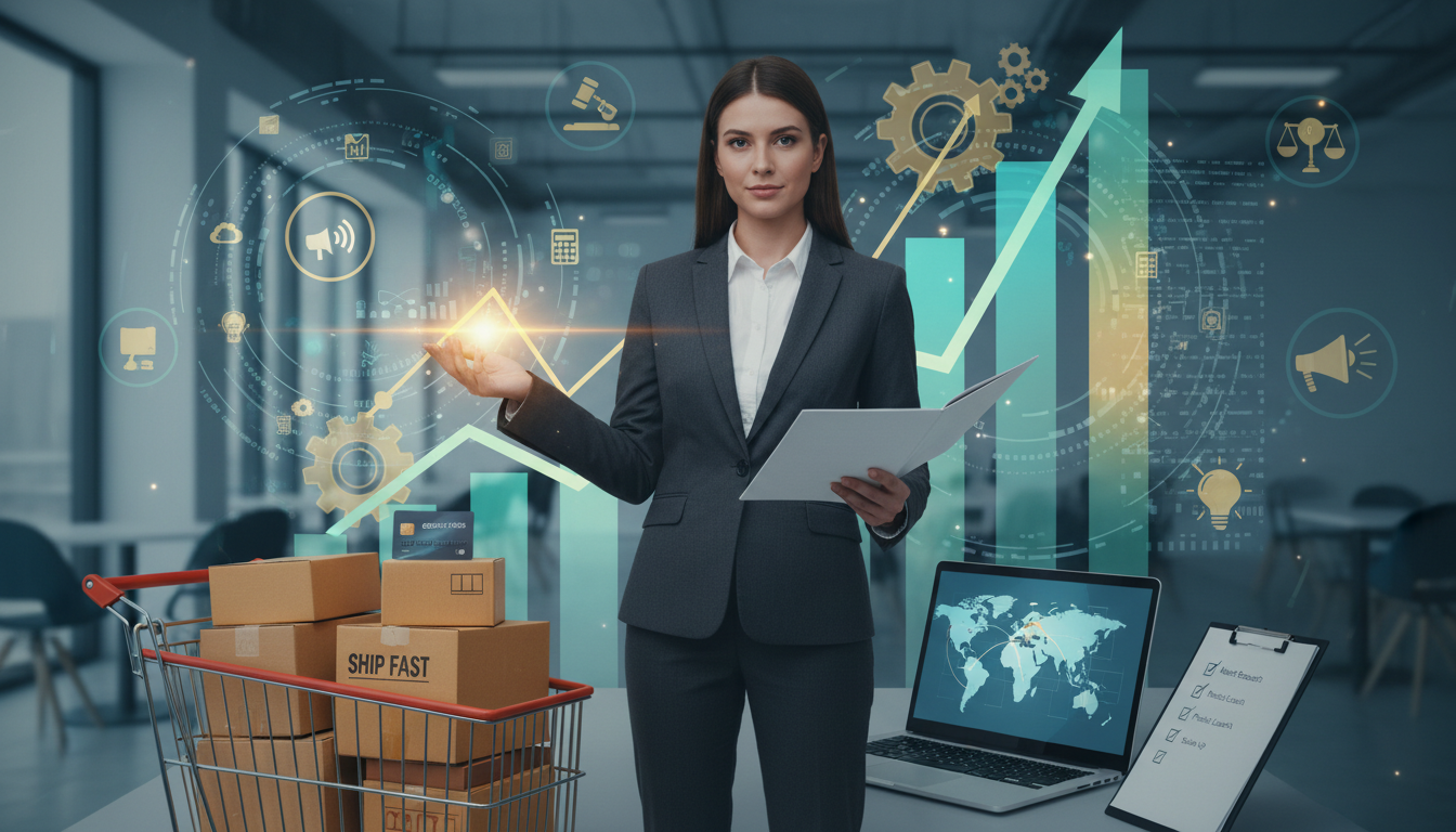 Frau, Gründerin, steht vor Laptop. Zu sehen sind: Einkaufswagen mit Paketen und Kreditkarte.