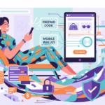 Illustration einer modernen Online-Shopping-Szene mit digitalen Zahlungsmethoden