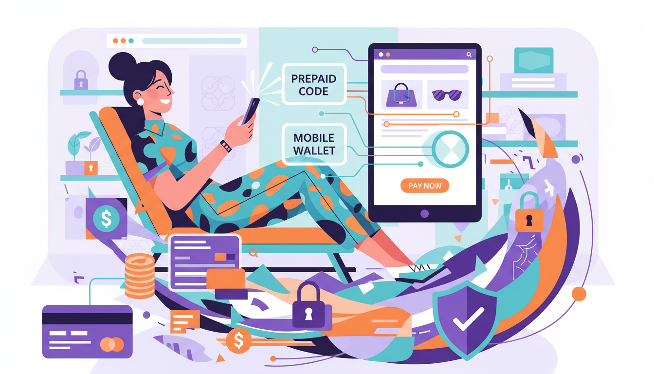 Illustration einer modernen Online-Shopping-Szene mit digitalen Zahlungsmethoden