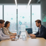 Das Team arbeitet gemeinsam an Laptops und trägt Business Casual Kleidung. Im Vordergrund: Laptops und Smartphones mit Sicherheitsanwendungen.