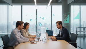 Das Team arbeitet gemeinsam an Laptops und trägt Business Casual Kleidung. Im Vordergrund: Laptops und Smartphones mit Sicherheitsanwendungen.