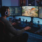 Ein Online-Gamer sitzt vor mehreren Bildschirmen.