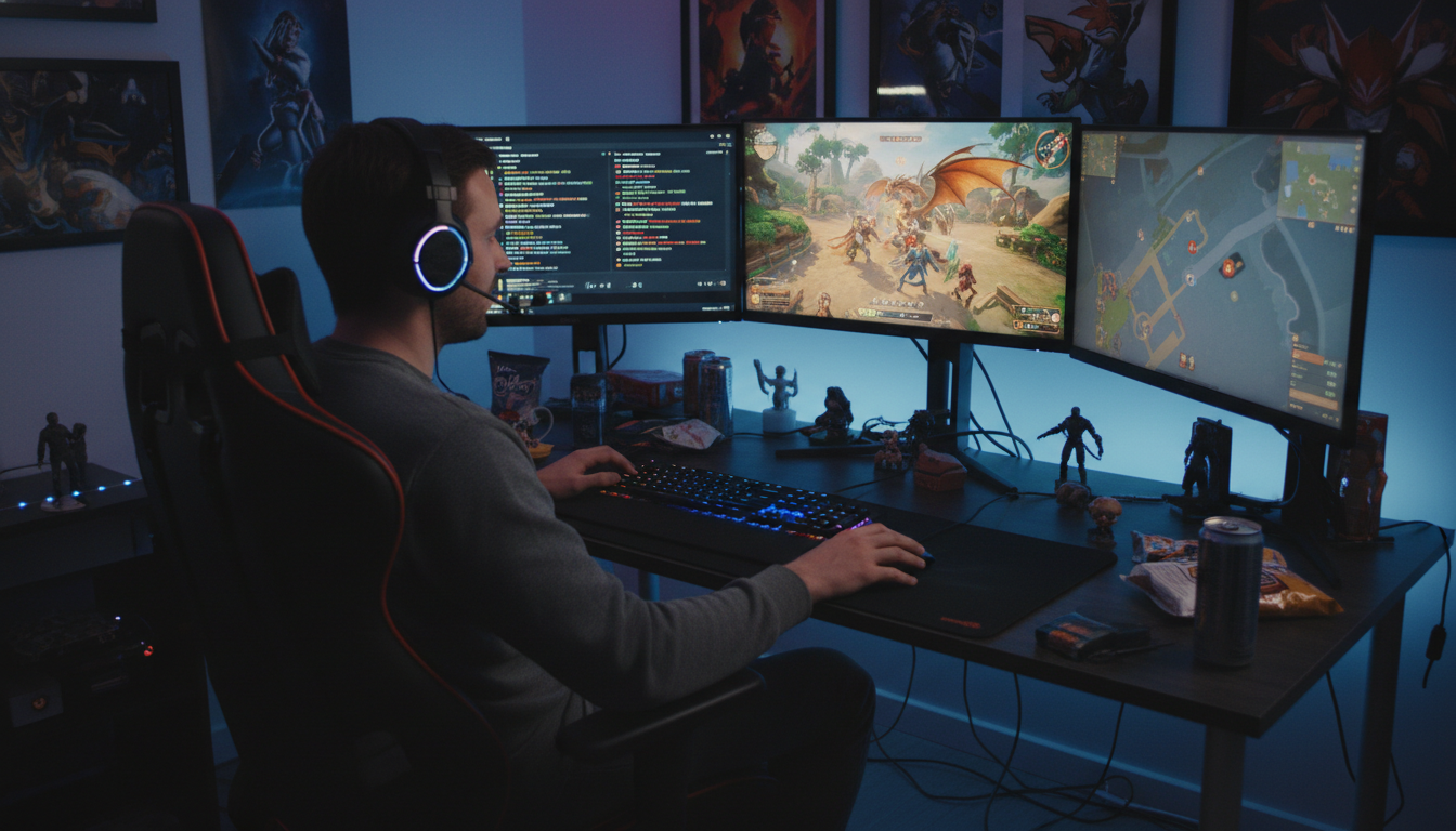 Ein Online-Gamer sitzt vor mehreren Bildschirmen.