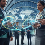 Businessleute tauschen digitale Visitenkarten aus.