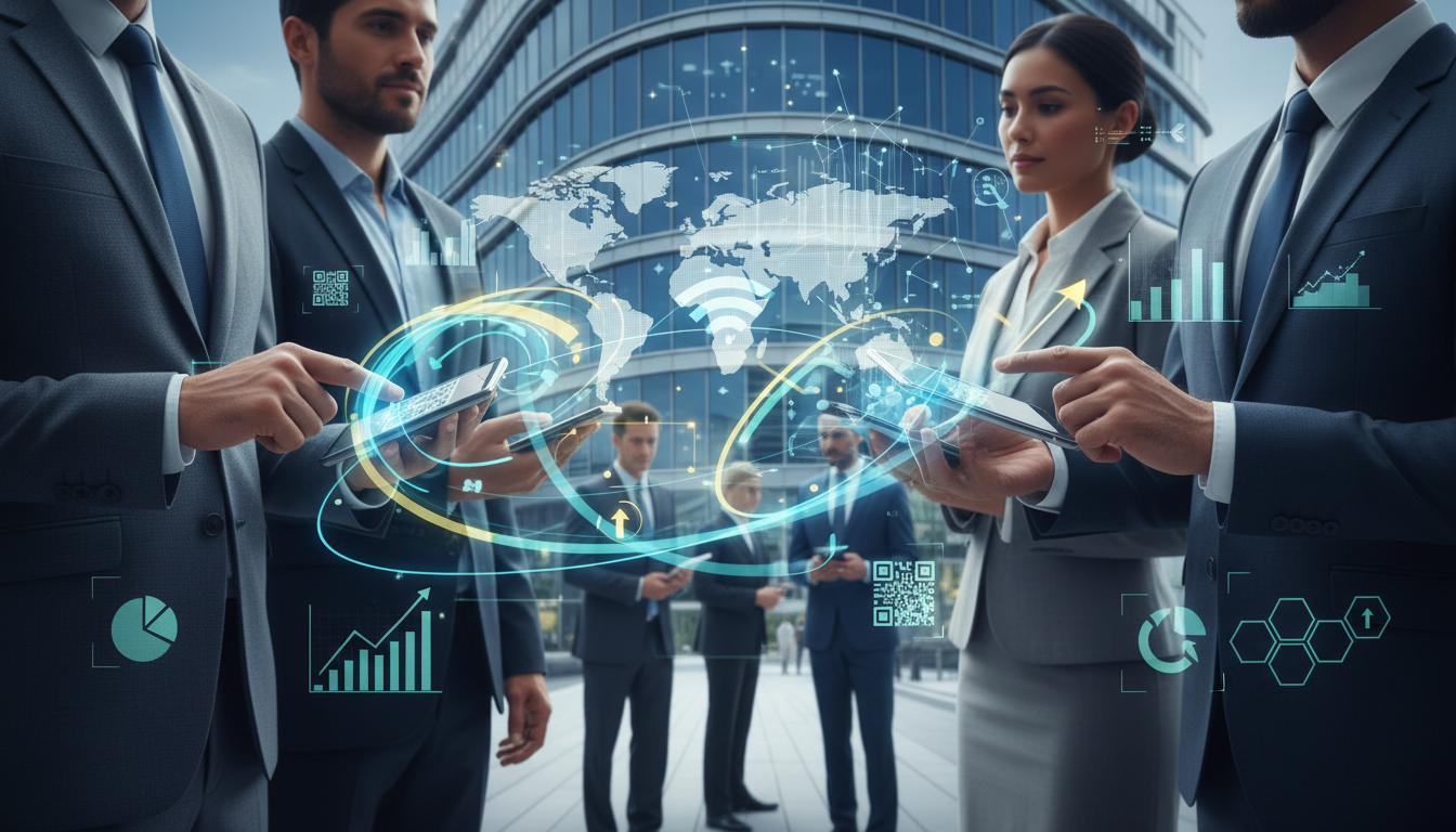 Businessleute tauschen digitale Visitenkarten aus.