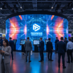 Realistisches Foto eines modernen Messeauftritts mit LED-Displays