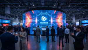 Realistisches Foto eines modernen Messeauftritts mit LED-Displays